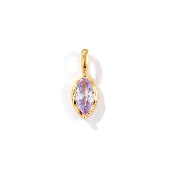 Picture of 2 PCs Eco-friendly Brass Birthstone Charms 18K Real Gold Plated Marquise June Mauve Rhinestone 15mm x 5.5mm