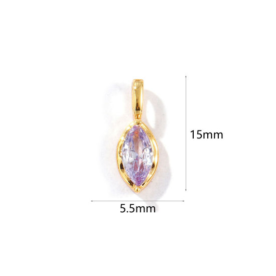 Picture of 2 PCs Eco-friendly Brass Birthstone Charms 18K Real Gold Plated Marquise June Mauve Rhinestone 15mm x 5.5mm