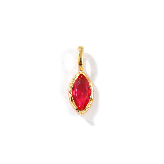 Picture of 2 PCs Eco-friendly Brass Birthstone Charms 18K Real Gold Plated Marquise July Rose Rhinestone 15mm x 5.5mm