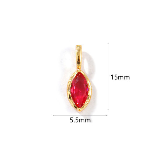 Picture of 2 PCs Eco-friendly Brass Birthstone Charms 18K Real Gold Plated Marquise July Rose Rhinestone 15mm x 5.5mm