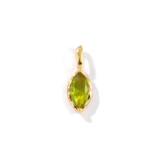 Picture of 2 PCs Eco-friendly Brass Birthstone Charms 18K Real Gold Plated Marquise August Olive Green Rhinestone 15mm x 5.5mm