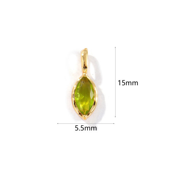 Picture of 2 PCs Eco-friendly Brass Birthstone Charms 18K Real Gold Plated Marquise August Olive Green Rhinestone 15mm x 5.5mm