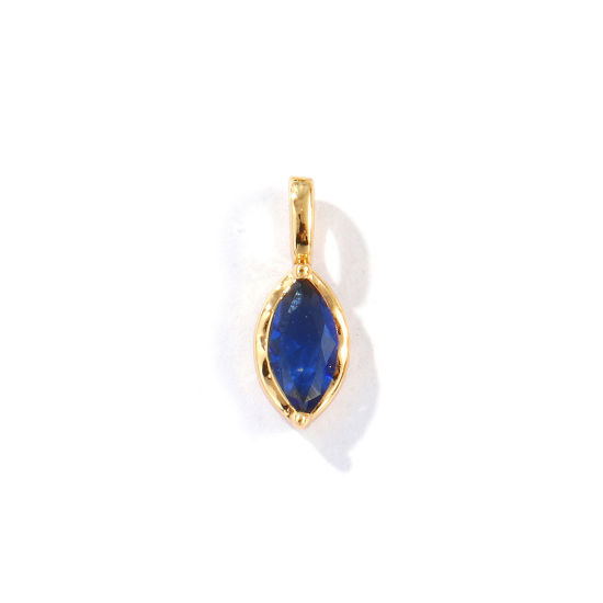 Picture of 2 PCs Eco-friendly Brass Birthstone Charms 18K Real Gold Plated Marquise September Royal Blue Rhinestone 15mm x 5.5mm