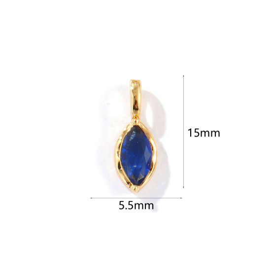 Picture of 2 PCs Eco-friendly Brass Birthstone Charms 18K Real Gold Plated Marquise September Royal Blue Rhinestone 15mm x 5.5mm