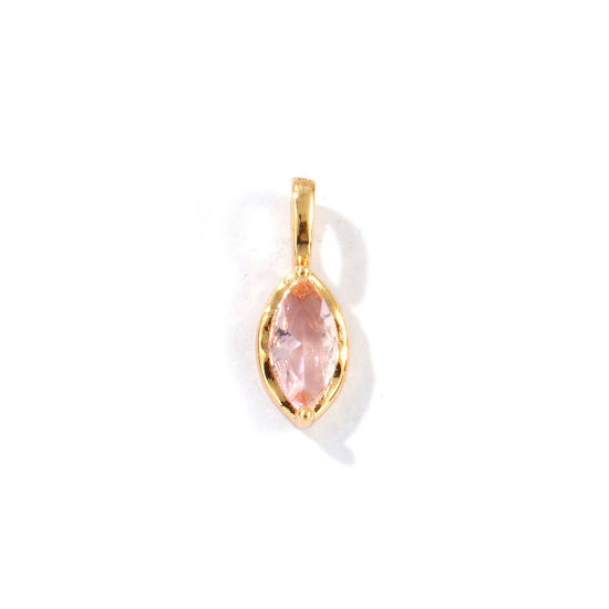 Picture of 2 PCs Eco-friendly Brass Birthstone Charms 18K Real Gold Plated Marquise October Pink Rhinestone 15mm x 5.5mm