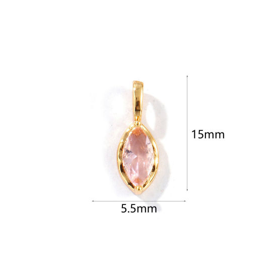 Picture of 2 PCs Eco-friendly Brass Birthstone Charms 18K Real Gold Plated Marquise October Pink Rhinestone 15mm x 5.5mm