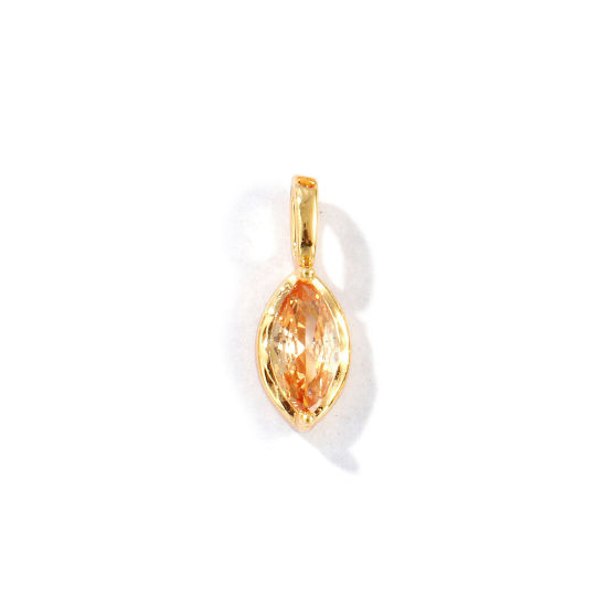 Picture of 2 PCs Eco-friendly Brass Birthstone Charms 18K Real Gold Plated Marquise November Champagne Rhinestone 15mm x 5.5mm