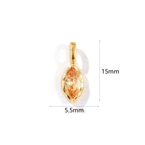 Picture of 2 PCs Eco-friendly Brass Birthstone Charms 18K Real Gold Plated Marquise November Champagne Rhinestone 15mm x 5.5mm