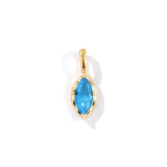 Picture of 2 PCs Eco-friendly Brass Birthstone Charms 18K Real Gold Plated Marquise March Aqua Blue Rhinestone 15mm x 5.5mm