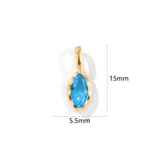 Picture of 2 PCs Eco-friendly Brass Birthstone Charms 18K Real Gold Plated Marquise March Aqua Blue Rhinestone 15mm x 5.5mm