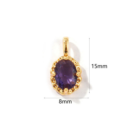 Image de 2 Pcs Breloques Pierres de Naissance Respectueux de la Nature en Laiton Plaqué Or Véritable 18K Ovale février à Strass Pourpre 15mm x 8mm