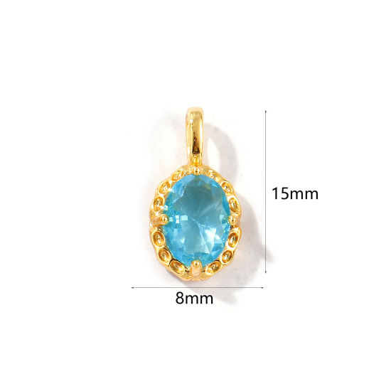 Image de 2 Pcs Breloques Pierres de Naissance Respectueux de la Nature en Laiton Plaqué Or Véritable 18K Ovale décembre à Strass Bleu-Vert 15mm x 8mm