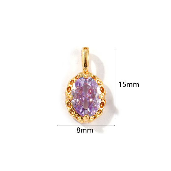 Image de 2 Pcs Breloques Pierres de Naissance Respectueux de la Nature en Laiton Plaqué Or Véritable 18K Ovale juin à Strass Mauve 15mm x 8mm