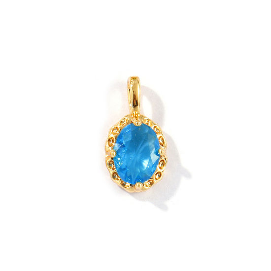 Image de 2 Pcs Breloques Pierres de Naissance Respectueux de la Nature en Laiton Plaqué Or Véritable 18K Ovale mars à Strass Bleu Aqua 15mm x 8mm