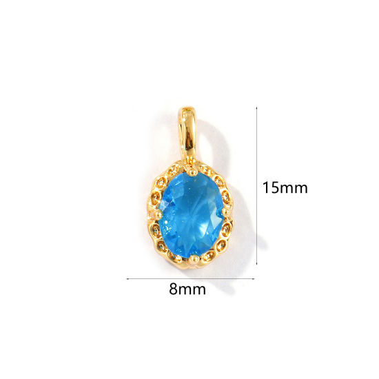 Image de 2 Pcs Breloques Pierres de Naissance Respectueux de la Nature en Laiton Plaqué Or Véritable 18K Ovale mars à Strass Bleu Aqua 15mm x 8mm