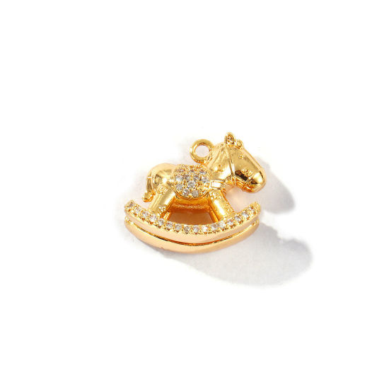 Immagine di 1 Pz Ecologico Ottone Ciondoli 18K Vero Oro Placcato Cavallo in Legno 3D Trasparente Cubic Zirconiae 18mm x 14mm
