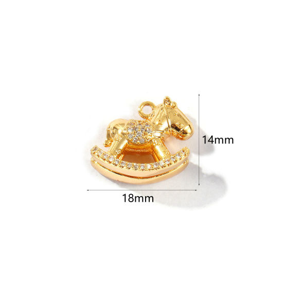Immagine di 1 Pz Ecologico Ottone Ciondoli 18K Vero Oro Placcato Cavallo in Legno 3D Trasparente Cubic Zirconiae 18mm x 14mm