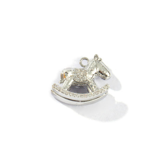Immagine di 1 Pz Ecologico Ottone Ciondoli Vero Platino Placcato Cavallo in Legno 3D Trasparente Cubic Zirconiae 18mm x 14mm