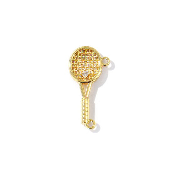 Bild von 2 Stück Messing Sport Steckverbinder Charms Anhänger 18K Vergoldet Tennisschläger Micro Pave Klar Kubischer Zirkon 24mm x 12mm
