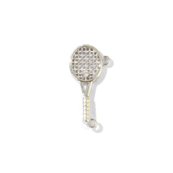 Bild von 2 Stück Messing Sport Steckverbinder Charms Anhänger Platin Plattiert Tennisschläger Micro Pave Klar Kubischer Zirkon 24mm x 12mm