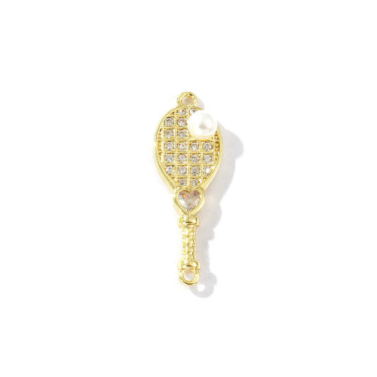 Bild von 2 Stück Messing Sport Steckverbinder Charms Anhänger 18K Vergoldet Tennisschläger Herz Acryl Imitat Perle Klar Kubischer Zirkon 27mm x 9mm