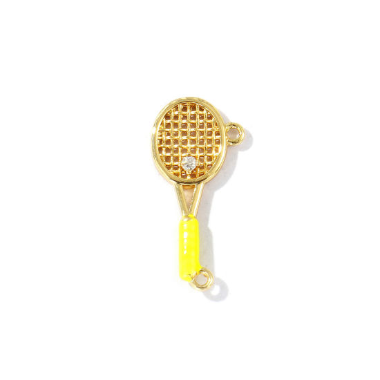 Bild von 2 Stück Messing Sport Steckverbinder Charms Anhänger 18K Vergoldet Fluoreszierend Gelb Emaille Tennisschläger Klar Kubischer Zirkon 24mm x 12mm