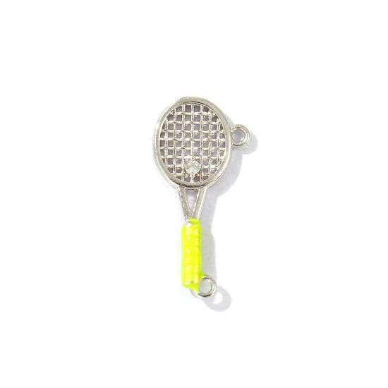 Bild von 2 Stück Messing Sport Steckverbinder Charms Anhänger Platin Plattiert Fluoreszierend Gelb Emaille Tennisschläger Klar Kubischer Zirkon 24mm x 12mm