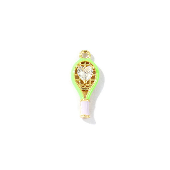 Bild von 2 Stück Messing Sport Charms 18K Vergoldet Grün Emaille Tennisschläger Herz Klar Kubischer Zirkon 18mm x 7mm
