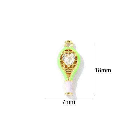Bild von 2 Stück Messing Sport Charms 18K Vergoldet Grün Emaille Tennisschläger Herz Klar Kubischer Zirkon 18mm x 7mm
