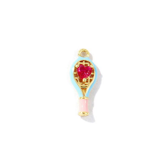 Bild von 2 Stück Messing Sport Charms 18K Vergoldet Blau Emaille Tennisschläger Herz Fuchsie Kubischer Zirkon 18mm x 7mm