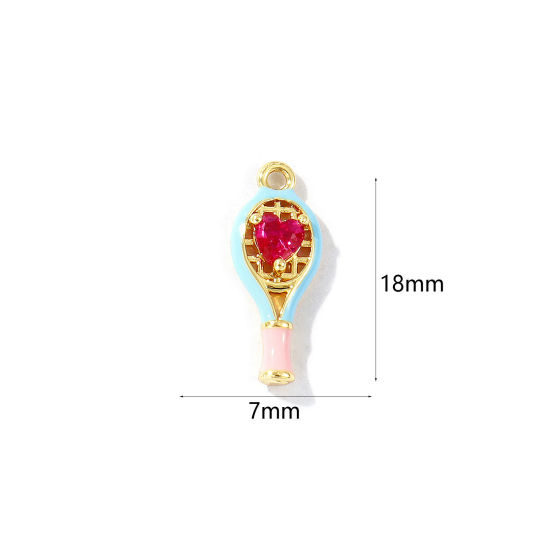 Bild von 2 Stück Messing Sport Charms 18K Vergoldet Blau Emaille Tennisschläger Herz Fuchsie Kubischer Zirkon 18mm x 7mm