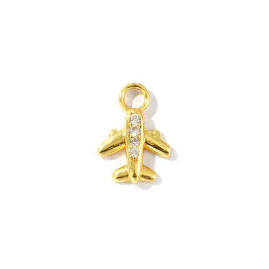 Bild von 2 Stück Messing Reise Charms 18K Vergoldet Flugzeug 3D Klar Kubischer Zirkon 14mm x 10mm