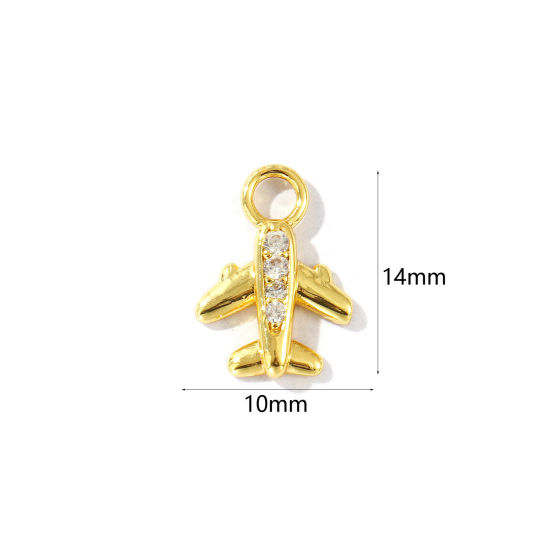 Bild von 2 Stück Messing Reise Charms 18K Vergoldet Flugzeug 3D Klar Kubischer Zirkon 14mm x 10mm