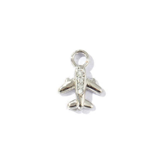 Bild von 2 Stück Messing Reise Charms Platin Plattiert Flugzeug 3D Klar Kubischer Zirkon 14mm x 10mm