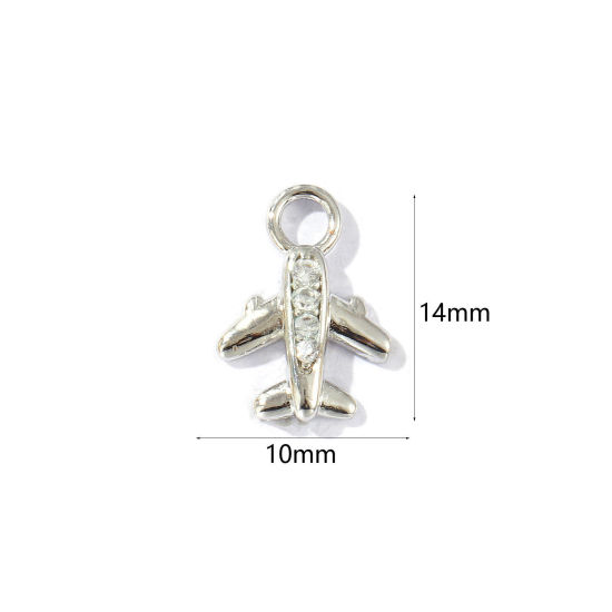 Bild von 2 Stück Messing Reise Charms Platin Plattiert Flugzeug 3D Klar Kubischer Zirkon 14mm x 10mm