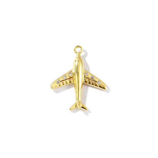 Bild von 2 Stück Messing Reise Charms 18K Vergoldet Flugzeug 3D Klar Kubischer Zirkon 19mm x 16mm