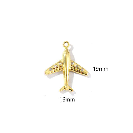 Bild von 2 Stück Messing Reise Charms 18K Vergoldet Flugzeug 3D Klar Kubischer Zirkon 19mm x 16mm