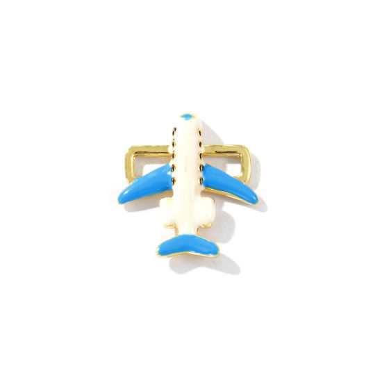 Immagine di 2 Pz Ottone Viaggio Pendenti Charms Connettori Placcato Oro 18K Blu Smalto Aeroplano 3D 22mm x 20mm