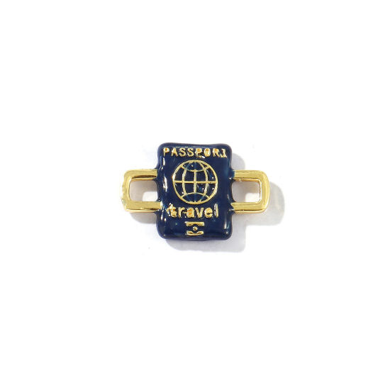 Immagine di 2 Pz Ottone Viaggio Pendenti Charms Connettori Placcato Oro 18K Blu Scuro Smalto Passaporto 3D 20mm x 14mm