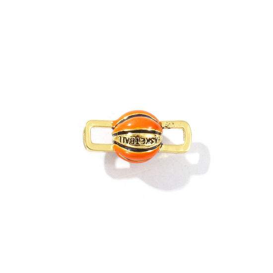 Immagine di 2 Pz Ottone Sport Pendenti Charms Connettori Placcato Oro 18K Arancione Smalto Pallacanestro 3D 21mm x 10mm