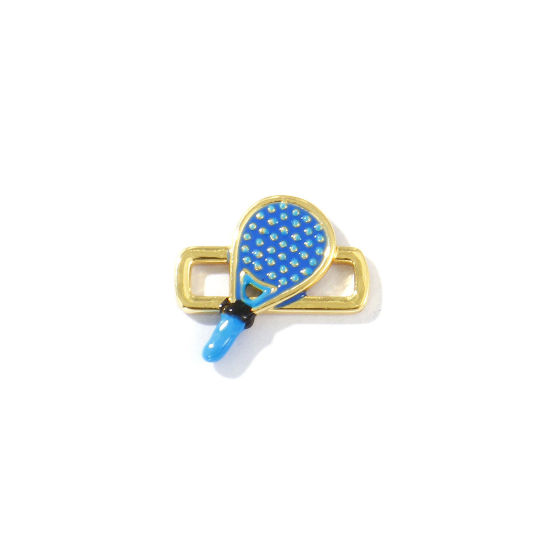 Immagine di 2 Pz Ottone Sport Pendenti Charms Connettori Placcato Oro 18K Blu Smalto Racchetta da Tennis 3D 17mm x 15mm