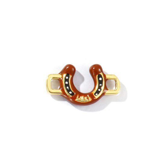 Immagine di 2 Pz Ottone Cowboy dell'Ovest Pendenti Charms Connettori Placcato Oro 18K Colore del Caffè Smalto Ferro di Cavallo 3D 21mm x 12mm
