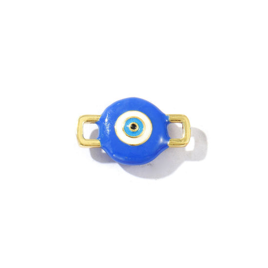 Immagine di 2 Pz Ottone Religione Pendenti Charms Connettori Placcato Oro 18K Blu Smalto Malocchio 3D 20mm x 12mm