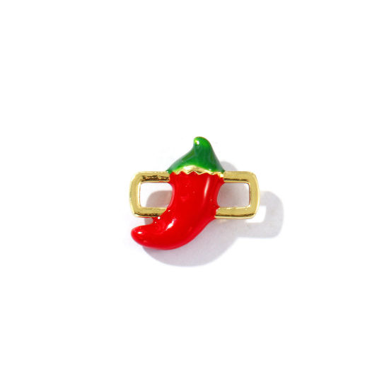 Immagine di 2 Pz Ottone Collezione Flora Pendenti Charms Connettori Placcato Oro 18K Rosso Smalto Peperone 3D 16mm x 14mm