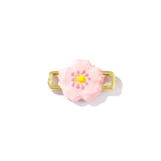 Immagine di 2 Pz Ottone Collezione Flora Pendenti Charms Connettori Placcato Oro 18K Rosa Smalto Fiore di Sakura 3D 20mm x 13mm