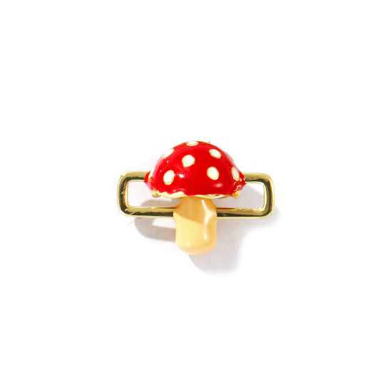 Immagine di 2 Pz Ottone Collezione Flora Pendenti Charms Connettori Placcato Oro 18K Rosso Smalto Fungo 3D 20mm x 15mm