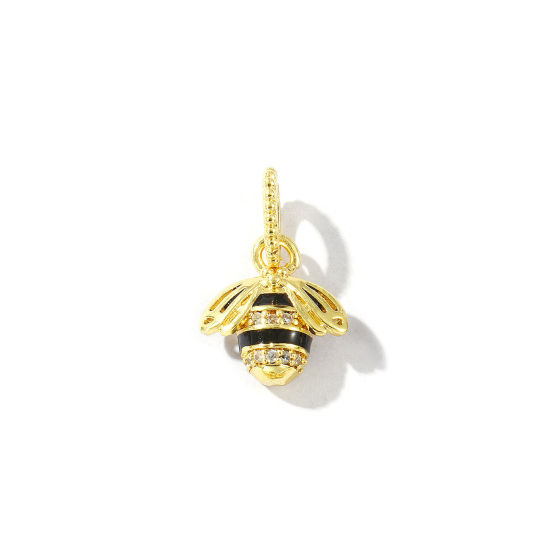 Bild von 2 Stück Messing Insekt Charms 18K Vergoldet Schwarz Emaille Biene 3D Klar Kubischer Zirkon 19mm x 13mm