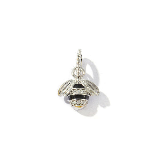 Bild von 2 Stück Messing Insekt Charms Platin Plattiert Schwarz Emaille Biene 3D Klar Kubischer Zirkon 19mm x 13mm