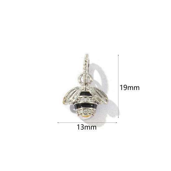 Bild von 2 Stück Messing Insekt Charms Platin Plattiert Schwarz Emaille Biene 3D Klar Kubischer Zirkon 19mm x 13mm