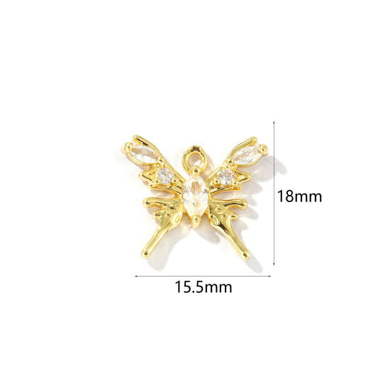 Bild von 2 Stück Messing Insekt Charms 18K Vergoldet Schmetterling Micro Pave Klar Kubischer Zirkon 18mm x 15.5mm